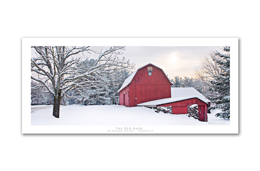 "Red Barn" is a classic New England image and very popular selling photo. Photo comes printed with a white border and description "The Red Barn" On Baldwin and Bee  Meriden CT